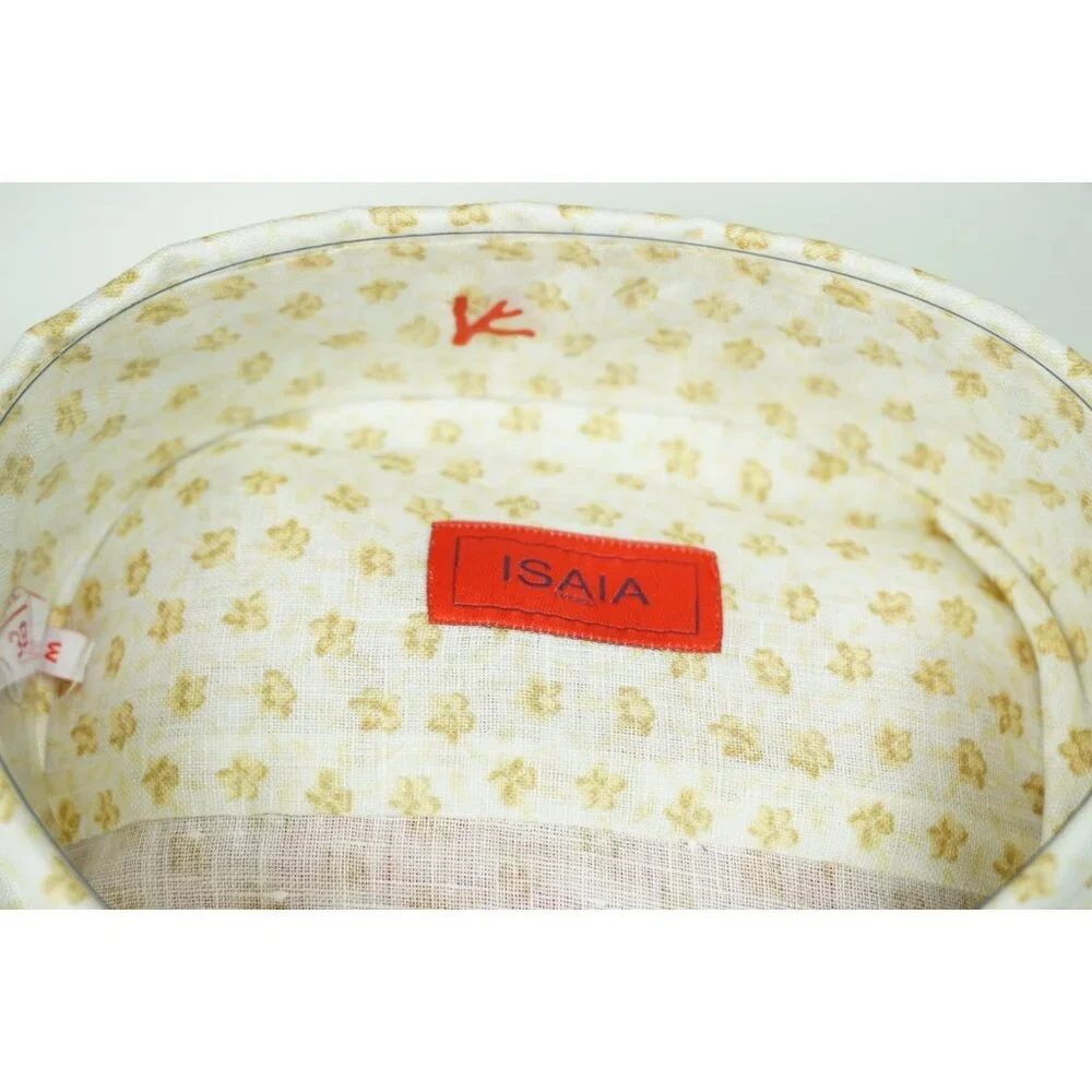 Isaia Napoli White Yellow Floral Long Sleeve Linen Dress Shirt 15.5/39 NEW - Picture 4 of 6